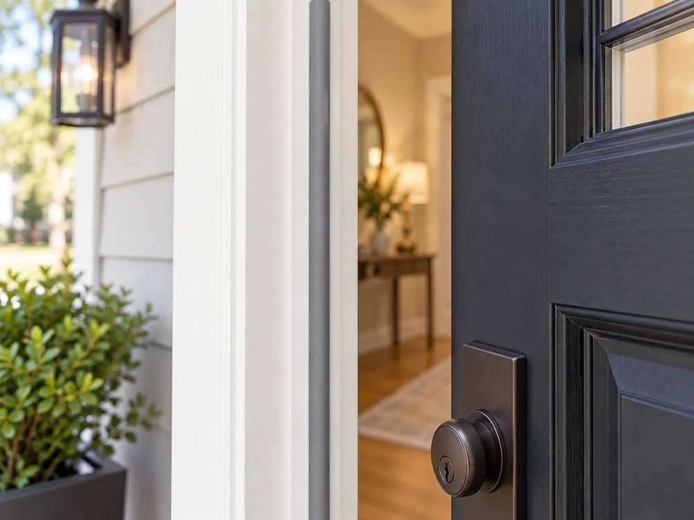 Grey P-type weather seal installed along an entry door frame