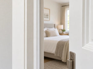 Interior bedroom door frame with a discreet white seal
