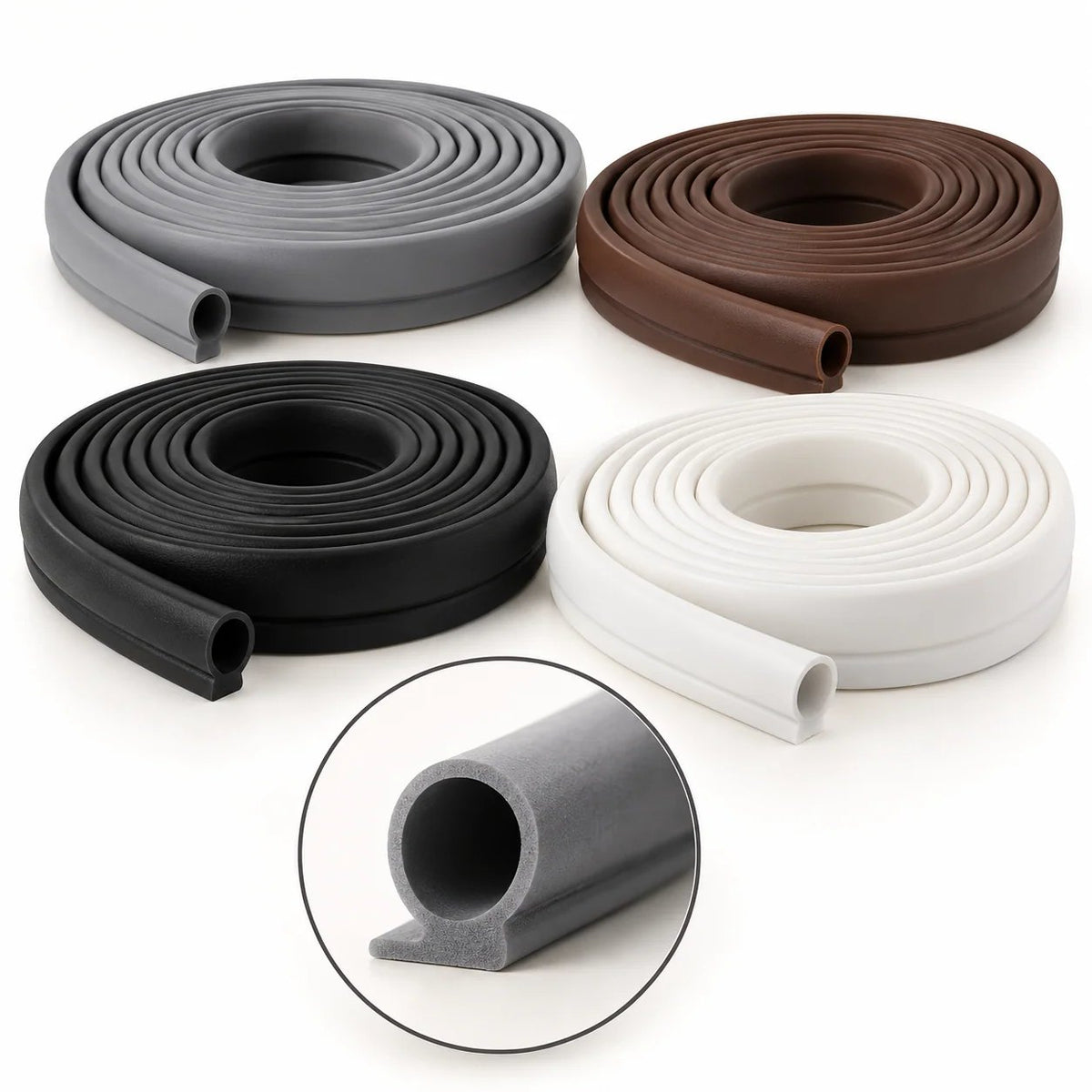 OATVANE P-type weather seal in grey, brown, black and white with cross-section